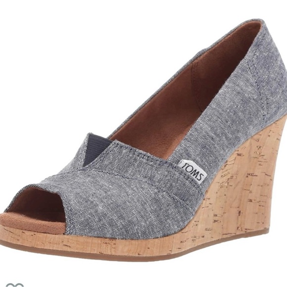 TOMS Classic Espadrille Wedge Open Toe Sandal Navy Slub Chambray EUC.Size 7 - Picture 3 of 10